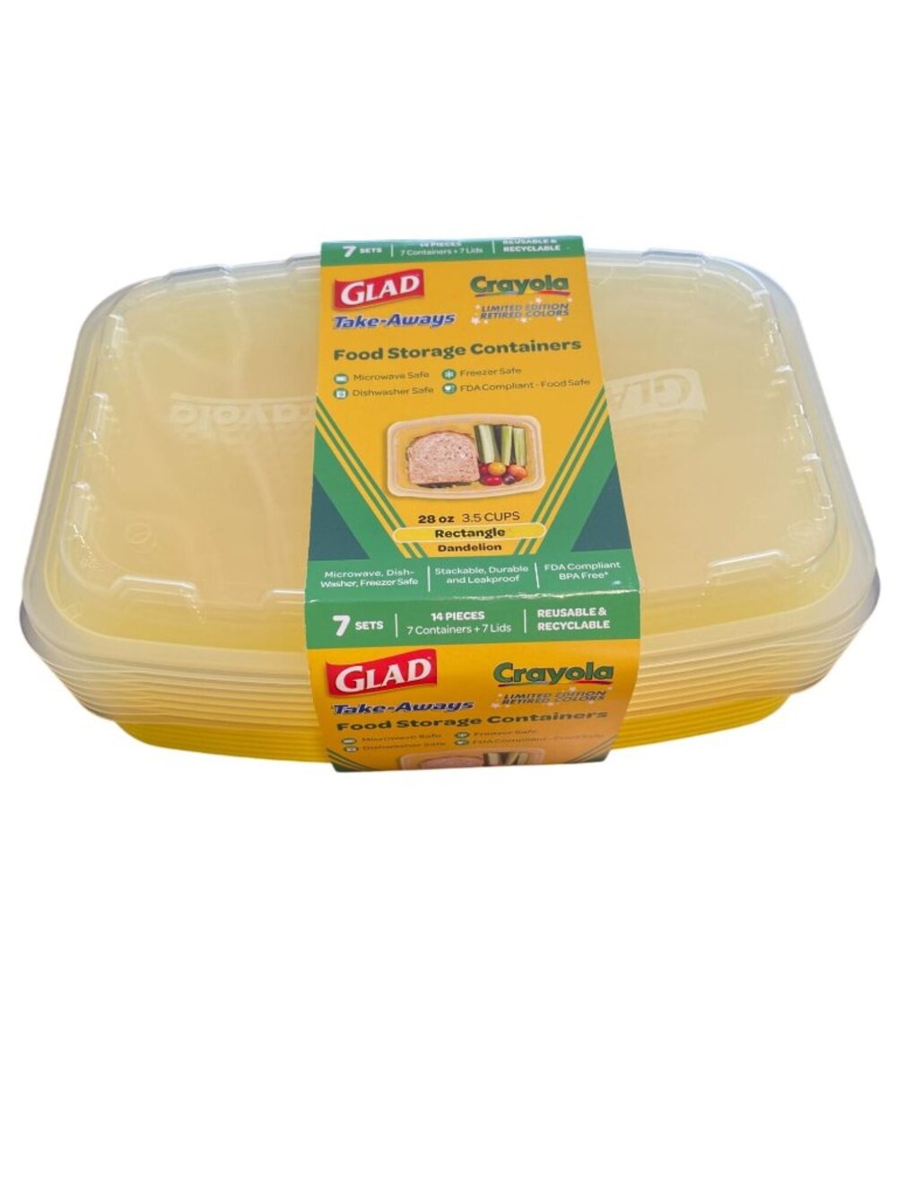 NEW Sealed Glad TakeAways Crayola Dandelion Yellow Food Storage Containers 7ct P